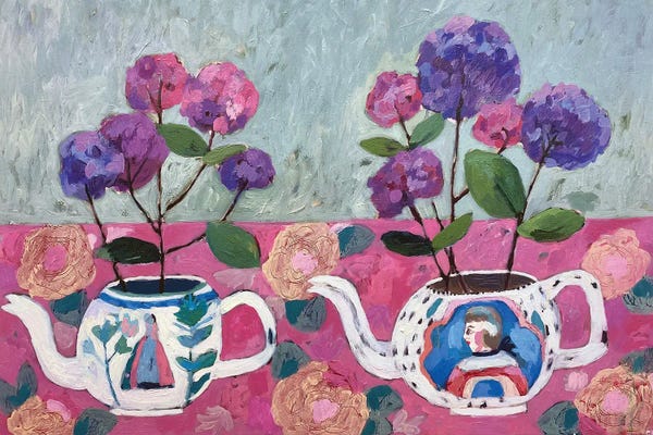 Fine Art Print: Hydrangeas And Teapots by Charlotte Hardy
