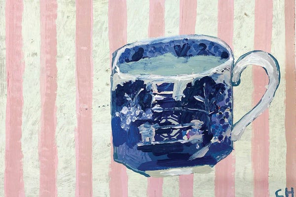 Granny Chic: Blue Willow On Pink Stripes by Charlotte Hardy