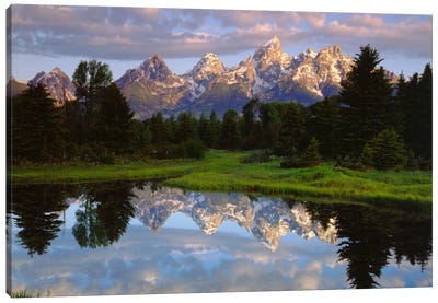 Teton Range And Its Reflection In Snake River, Grand Teton National Park, Wyoming, USA Canvas Art Print - Places