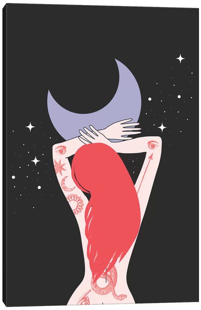 Lilith And The Moon Canvas Art Print - Crescent Moon Art