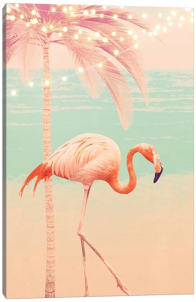 Pink Flamingo On The Beach Canvas Art Print - Emanuela Carratoni
