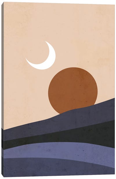 Moon And Sun At Sunset Canvas Art Print - Sun and Moon Art Collection | Sun Moon Paintings & Wall Decor