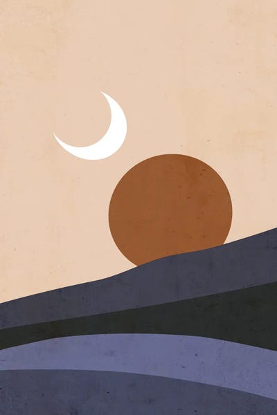 '70s Aesthetic: Moon And Sun At Sunset by Emanuela Carratoni