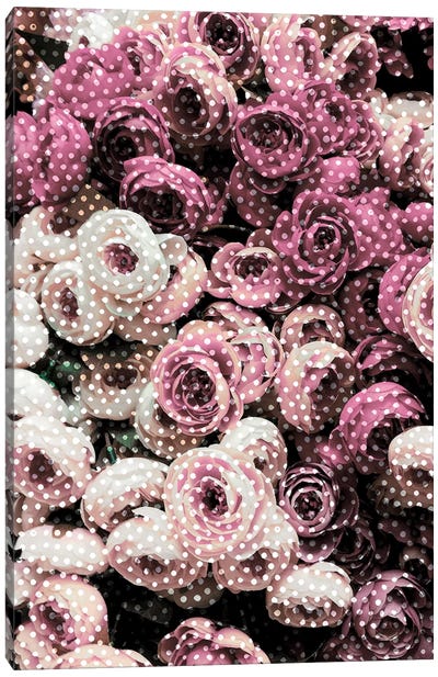 Flowers With Polka Dots Canvas Art Print - Black & Pink Art