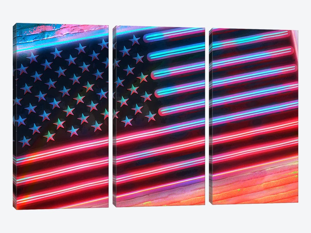 Neon American Flag by Emanuela Carratoni 3-piece Canvas Artwork