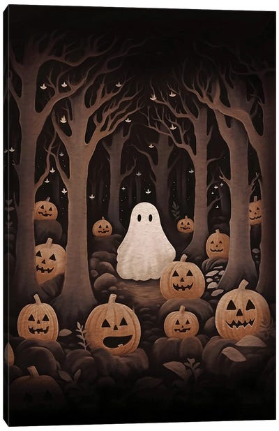 Ghost And Pumpkins Canvas Art Print - Brown Art