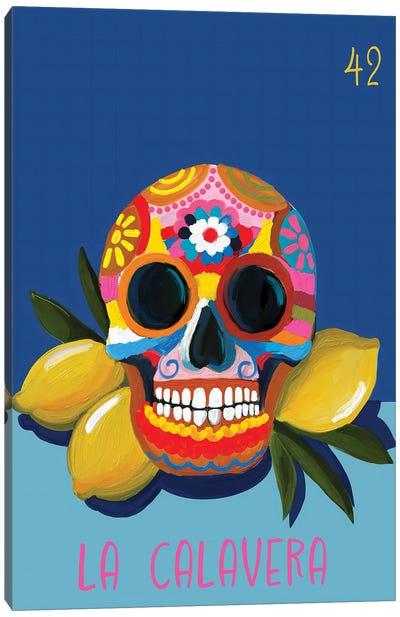 La Calavera The Skull Canvas Art Print - Blue Art