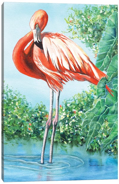 Flirty Flamingo Canvas Art Print - Pond Art