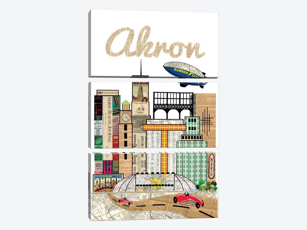 Akron Oh Skyline by Paper Cutz 3-piece Canvas Wall Art
