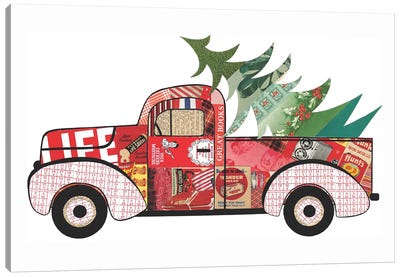 Red Truck With Xmas Tree Canvas Art Print - Paper Cutz