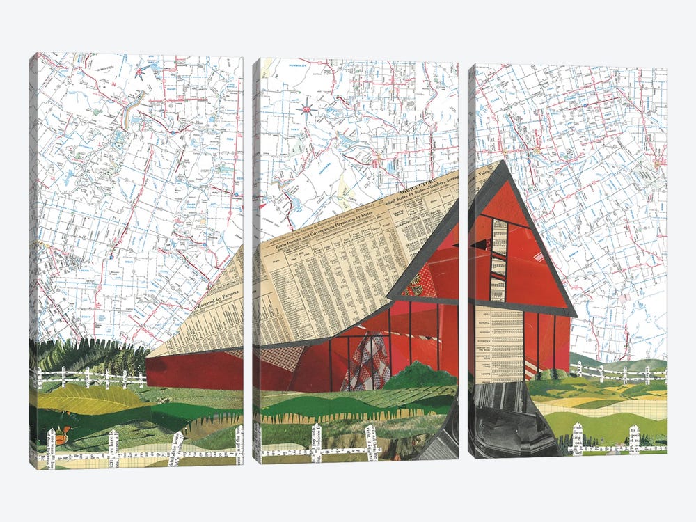 Red Barn by Paper Cutz 3-piece Canvas Art Print
