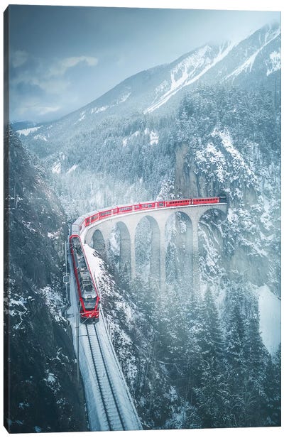 Landwasser Viaduct - Switzerland Canvas Art Print - Snowy Mountain Art