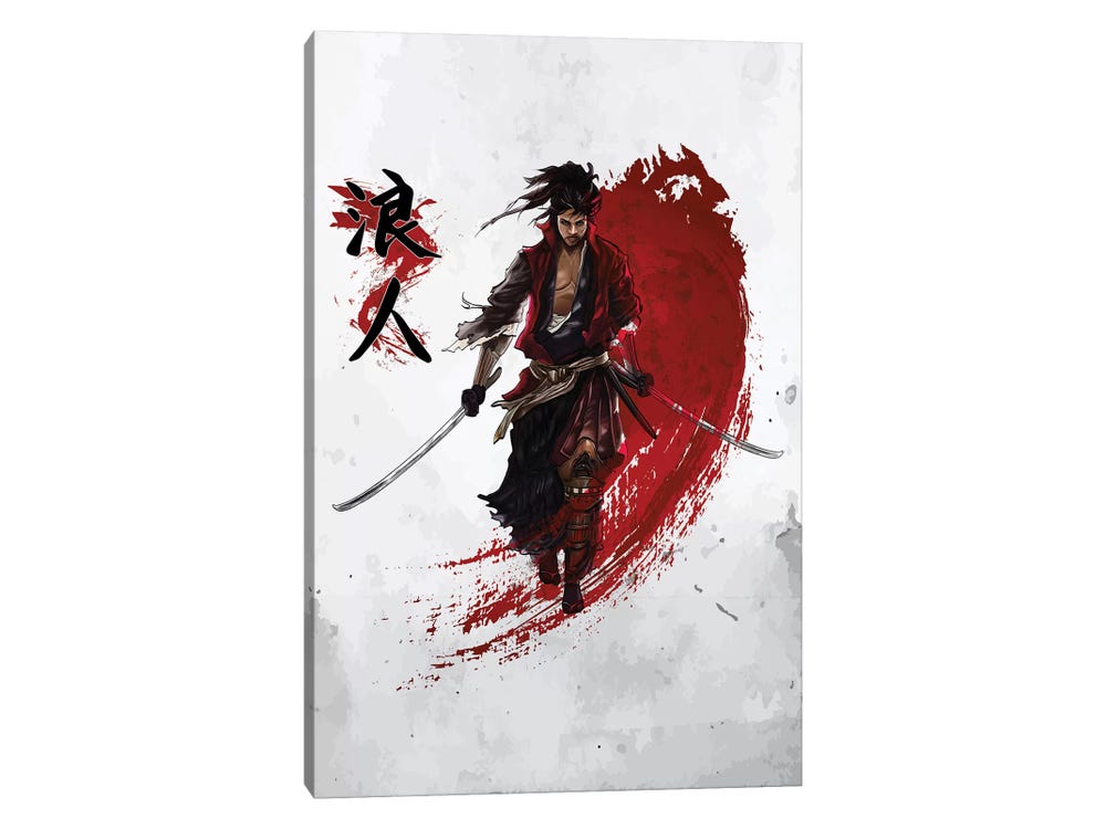 Wall Mural Lonely Samurai - Mountain Landscape, Japanese Inscription and  Anime Character - People - Wall Murals