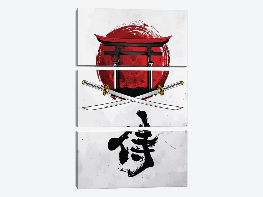Samurai Katana With Tori Gate by Cornel Vlad 3-piece Canvas Artwork