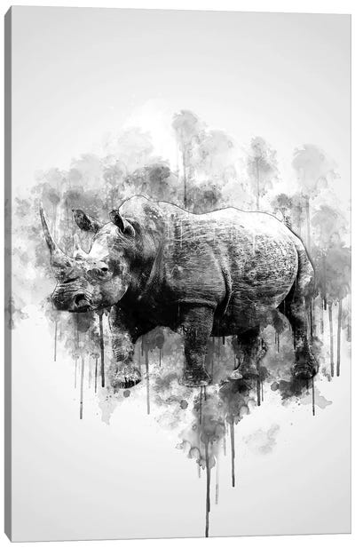 Rhino In Black And White Canvas Art Print - Rhinoceros Art