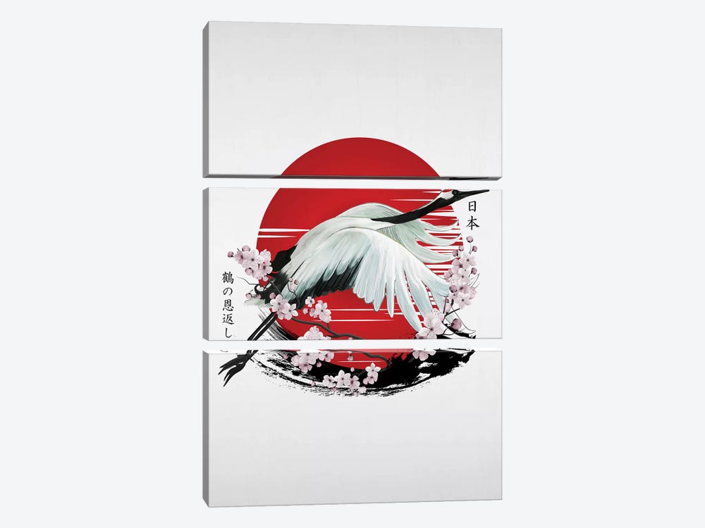 Japanese Red Crane Tsuru by Cornel Vlad 3-piece Art Print