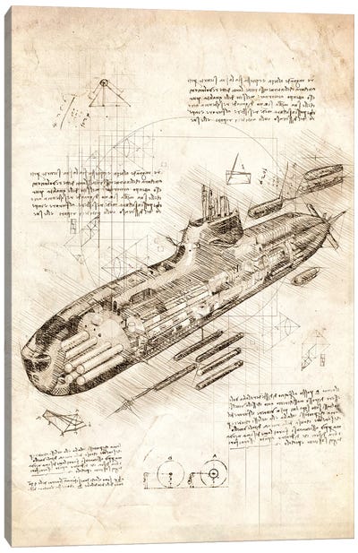 Submarine Canvas Art Print - Nautical Blueprints