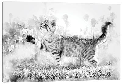 Kitten With Flower Black And White Canvas Art Print - Grass Art