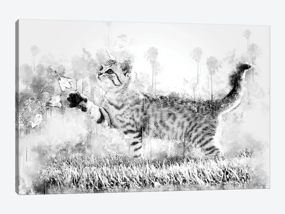 Kitten With Flower Black And White by Cornel Vlad 1-piece Canvas Art Print