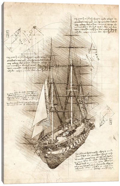 Old Sailing Ship Barque Canvas Art Print - Nautical Blueprints