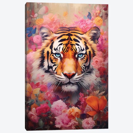 Flower Tiger Canvas Print #CWD193} by Caroline Wendelin Canvas Artwork