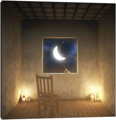 Room With A View Night Canvas Art Print - Crescent Moon Art