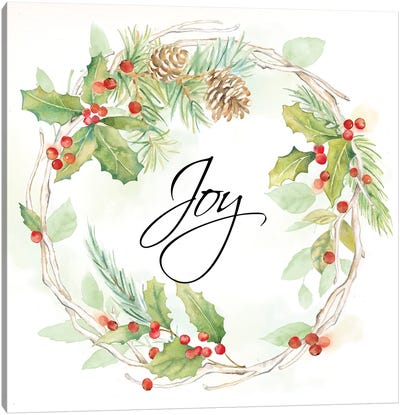 Holiday Wreath Joy Canvas Art Print - Christmas Trees & Wreath Art