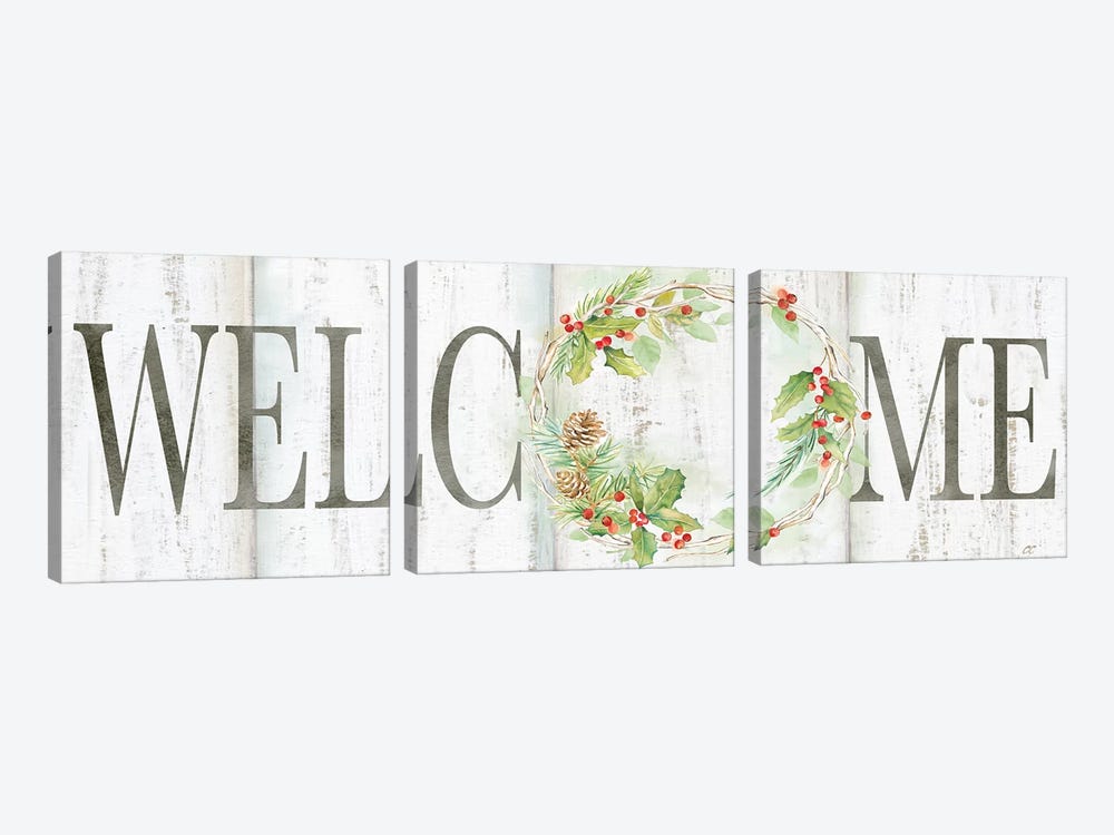Holiday Wreath Welcome Sign by Cynthia Coulter 3-piece Canvas Wall Art