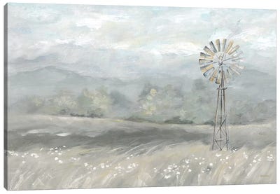 Country Meadow Windmill Landscape Neutral Canvas Art Print - Watermill & Windmill Art