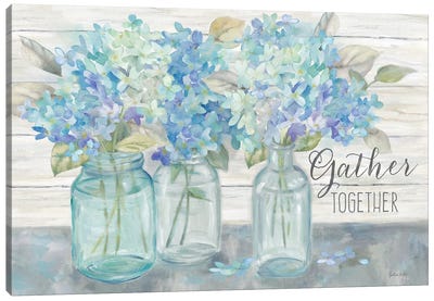 Farmhouse Hydrangeas in Mason Jars -Gather Canvas Art Print - Inspirational & Motivational Art