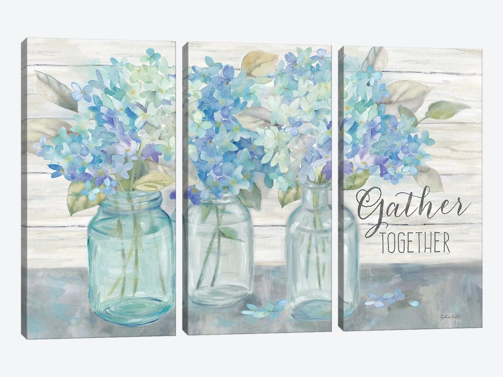 Farmhouse Hydrangeas in Mason Jars -Gather by Cynthia Coulter 3-piece Canvas Print