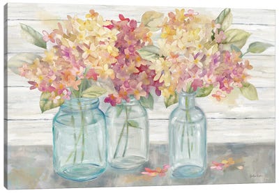 Farmhouse Hydrangeas in Mason Jars Spice Canvas Art Print - Best Selling Floral Art