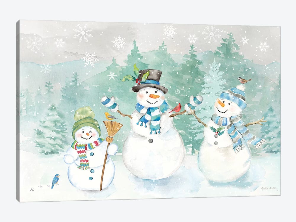 Let it Snow Blue Snowman landscape by Cynthia Coulter 1-piece Canvas Artwork