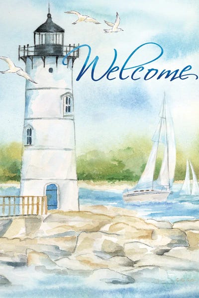 East Coast Lighthouse portrait I-Welcome by Cynthia Coulter framed canvas print