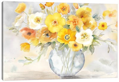 Bright Poppies Vase Yellow Gray Canvas Art Print - Poppy Art