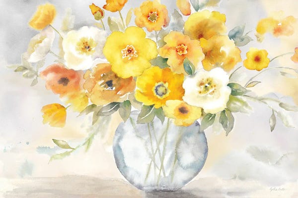 Roaring Brook Art: Bright Poppies Vase Yellow Gray by Cynthia Coulter