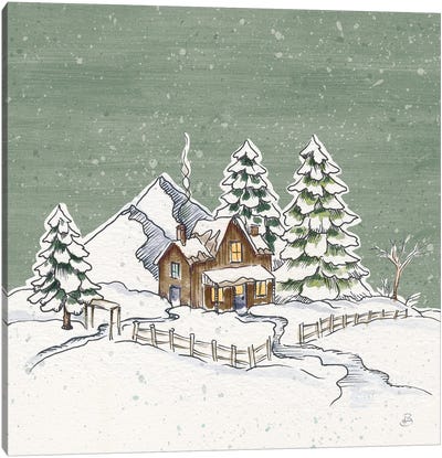 Holiday Toile Cabin Neutral Crop Canvas Art Print - Christmas Trees & Wreath Art
