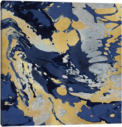 Marbleized In Gold And Blue II Canvas Art Print - Blue & Gold Art