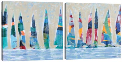 Dozen Colorful Boats Square Diptych Canvas Art Print - Art Sets | Triptych & Diptych Wall Art