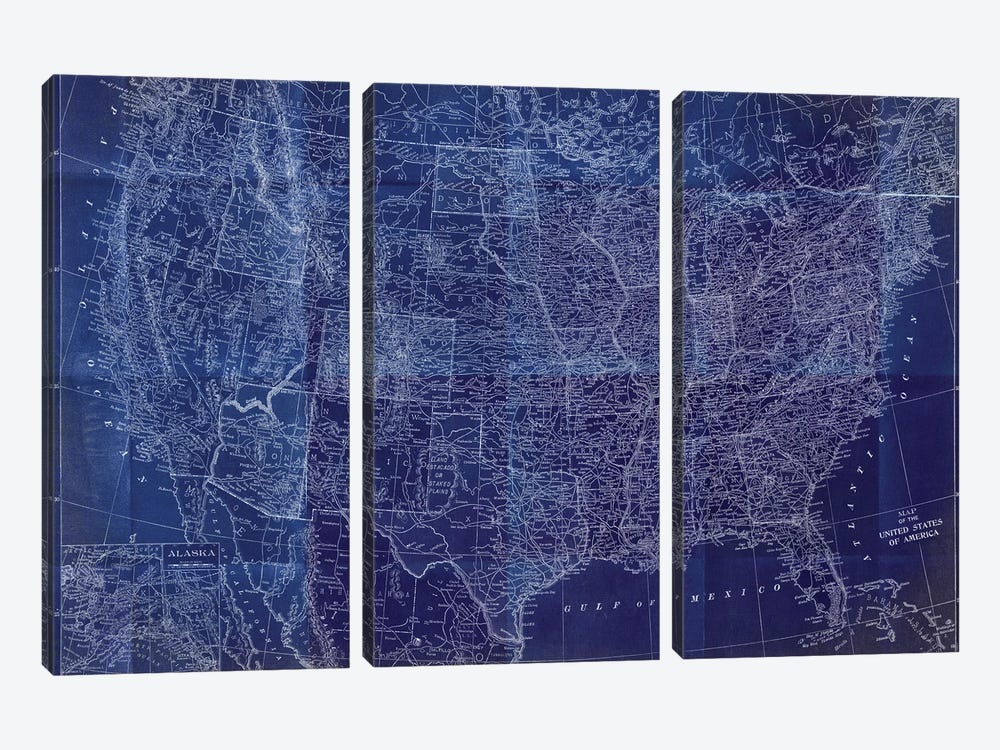Cobalt US Map by Dan Meneely 3-piece Canvas Print