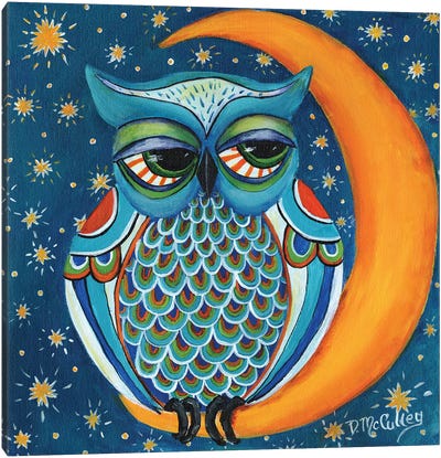 Owl At The Moon Canvas Art Print - Debbie McCulley