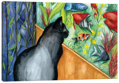 Guardian of the Aquarium Canvas Art Print - Black Cat Art
