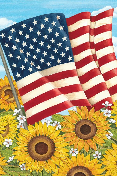 USA Flag And Sunflowers by Deb Strain wall art