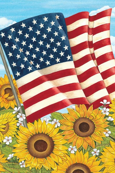 USA Flag And Sunflowers