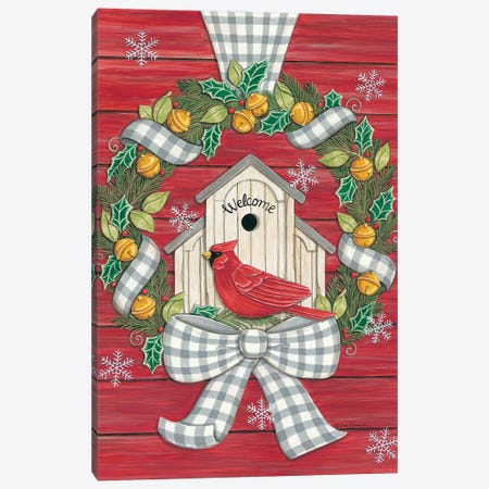 Farmhouse Christmas Wreath with Cardinal Canvas Print #DBS11} by Deb Strain Canvas Wall Art