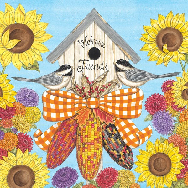 Sunflowers: Fall Birdhouse With Chickadees by Deb Strain