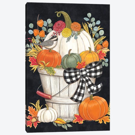 Fall Bucket With Chickadee Canvas Print #DBS96} by Deb Strain Canvas Print