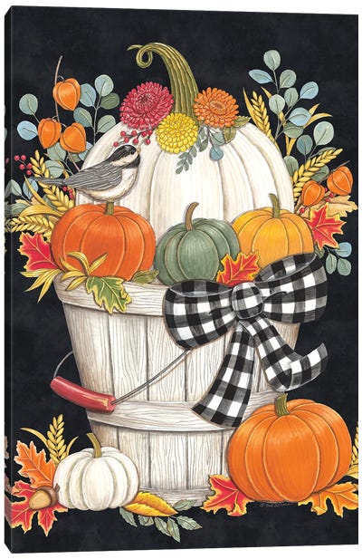 Fall Bucket With Chickadee Canvas Art Print - Pumpkins