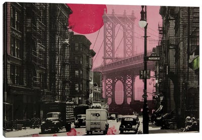 Pink Haze Canvas Art Print - Brooklyn Bridge