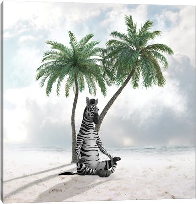 Zebra Under A Palm Tree Canvas Art Print - Dmitry Biryukov